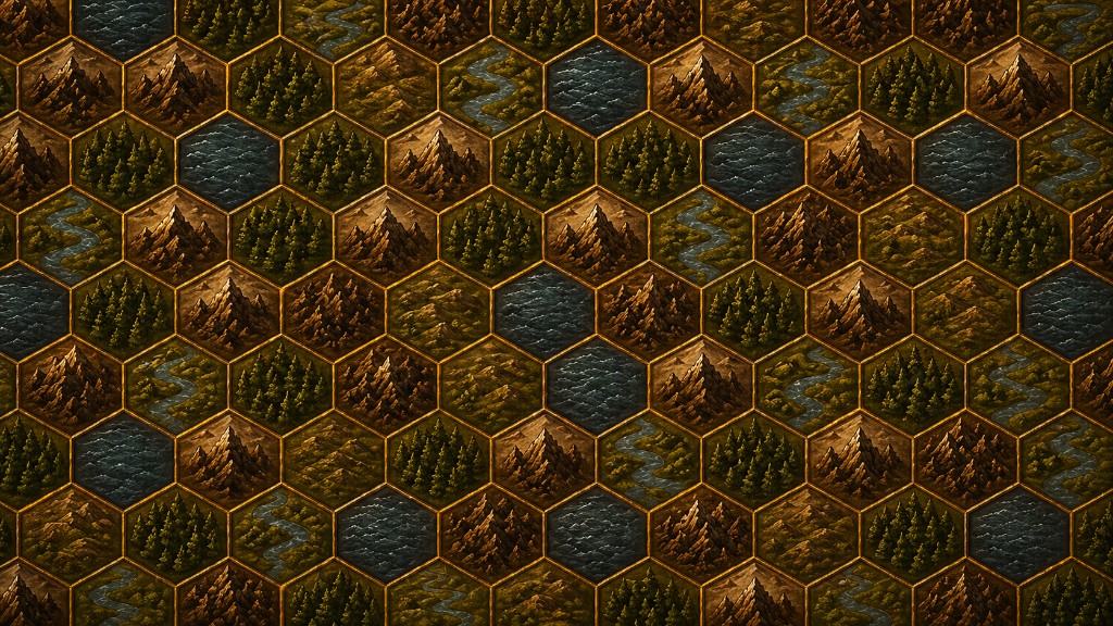 Hex tile map with mountains, forests, rivers, and water